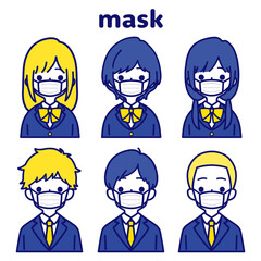 人物イラストセット_学生_マスク_ビタミンカラー