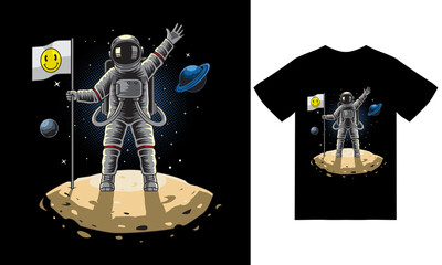 Astronaut standing holding flag on moon illustration with tshirt design premium vector