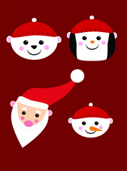 Set collection group face emotion funny smile raindeer santaclaus snowman red hat icon people character cartoon costume decoration ornament merry christmas happy new year holiday vacation december 