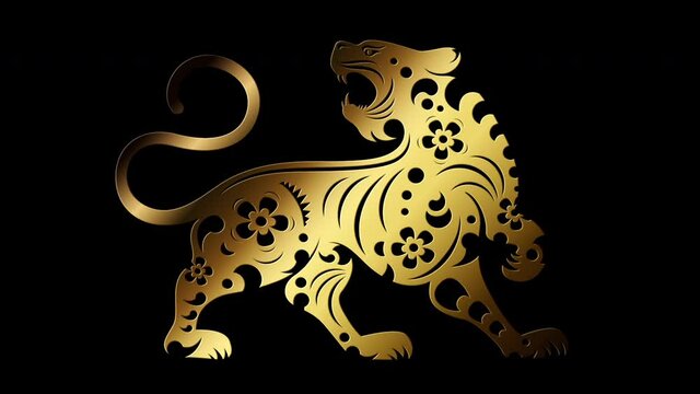 Chinese zodiac year of the Tiger 2022 astrological sign loop glittering gold particles symbol of the Chinese zodiac for fortune and prosperity with alpha background ready for overlay