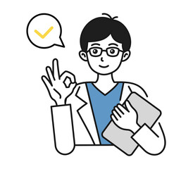 OKサインをする白衣を着た男性の看護師/医師のイラスト素材