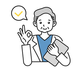 OKサインをする白衣を着た年配男性の看護師/医師のイラスト素材