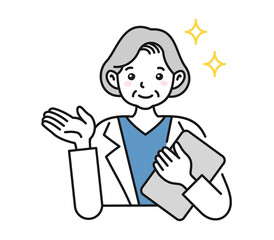 案内や説明をする白衣を着た年配女性の看護師/医師のイラスト素材