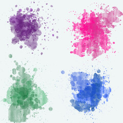 4 abstract splash watercolor violet, pink, green and blue, abstract design and splash art.