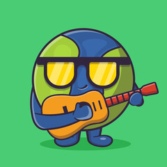 kawaii earth mascot playing guitar isolated cartoon in flat style