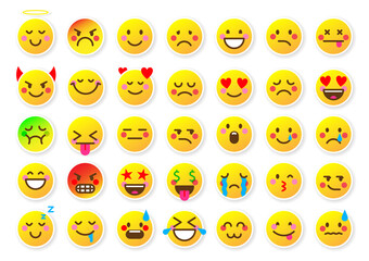 Emoji face sticker mood web badge yellow flat set. Cheerful and sad emotions of social network messenger website. Expression of sadness joy anger love cute round shape chat icon isolated on white