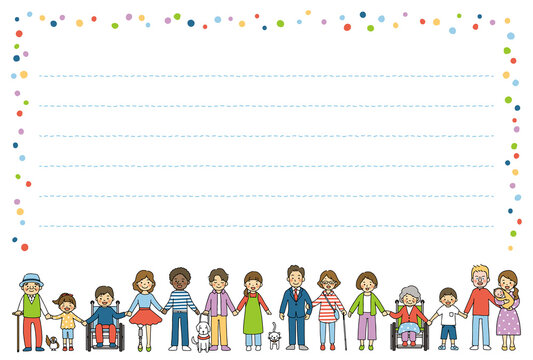 Vettoriale Stock 義足 車椅子 視覚障害 聴覚障害 様々な人種 年齢の人々のイラストを用いたはがきテンプレート Adobe Stock