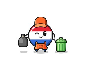 the mascot of cute netherlands flag as garbage collector