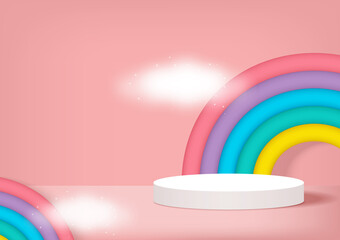 Stage podium decor with rainbows shape, clouds. 3d pedestal summer scene or platform for product stand on soft pink background. Vector illustration.