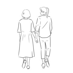 Illustration of back view of same sex couple on a walk (white background, vector, cut out, line art)