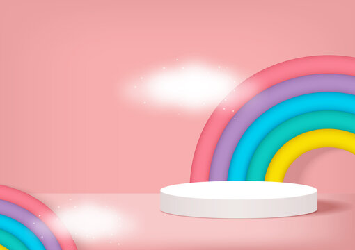 Stage podium decor with rainbows shape, clouds. 3d pedestal summer scene or platform for product stand on soft pink background. Vector illustration.