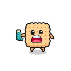 cracker mascot having asthma while holding the inhaler