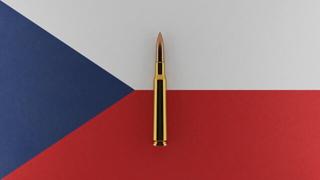 3D rendering of top down view of a single rifle bullet in the center and on top of the national flag of Czech Republic