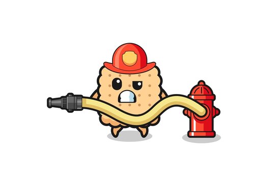 cracker cartoon as firefighter mascot with water hose