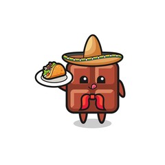chocolate bar Mexican chef mascot holding a taco
