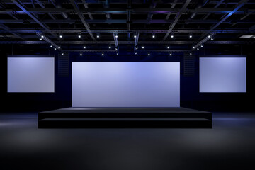 Empty stage Design for mockup and Corporate identity,Display.Platform elements in hall.Blank screen system for Graphic Resources.Scene event led night light staging.3d Background for online.3 render. - obrazy, fototapety, plakaty