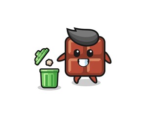 illustration of the chocolate bar throwing garbage in the trash can