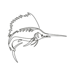 Continuous line drawing illustration of an Atlantic sailfish or Istiophorus albicans jumping viewed from side done in mono line or doodle style in black and white on isolated background. 
