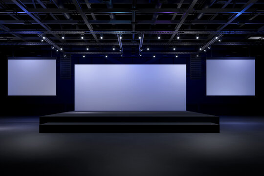 Empty stage Design for mockup and Corporate identity,Display.Platform elements in hall.Blank screen system for Graphic Resources.Scene event led night light staging.3d Background for online.3 render.