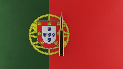 Obraz premium 3D rendering of top down view of a single rifle bullet in the center and on top of the national flag of Portugal