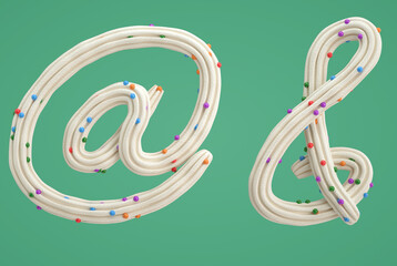 Obraz premium white cream candy Font Isolated on green Background, 3d rendering, cream letters and numbers,Birthday party celebration.