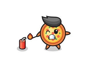 pizza mascot illustration playing firecracker