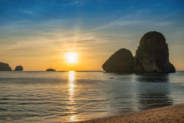 Tropical islands sunset view with ocean sea water at Phra Nang Cave Beach, Krabi Thailand nature landscape