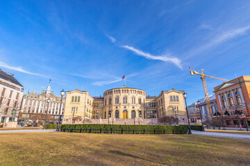 Fototapeta na wymiar Oslo Norway, city skyline at Studenterlunden Park and Norwegian Parliament