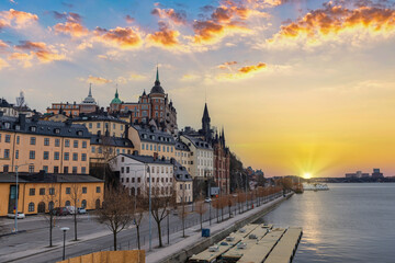 Fototapeta na wymiar Stockholm Sweden, sunset city skyline at Slussen