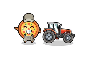 the pizza farmer mascot standing beside a tractor