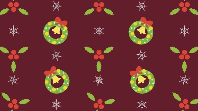 柊と雪とクリスマスリース　ワインレッド