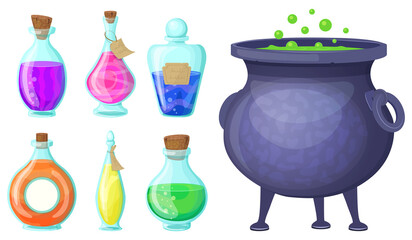 Bottles of potion and a witch's cauldron. A set of isolated objects on a white background. Cartoon style. Vector illustration.