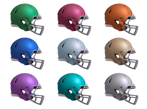 Football helmets side view in various colors isolated on white
