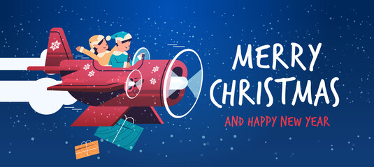elves flying airplane with gifts merry christmas happy new year winter holidays celebration concept