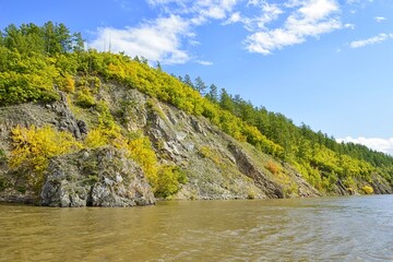 Golden autumn on the Amur river. Khabarovsk Krai, far East, Russia.	
