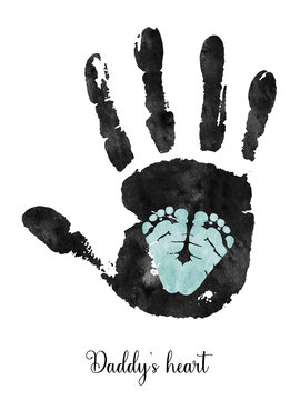 Watercolor boy footprint in father handprint. Daddy and son family illustration of blue handprints of baby footprint in parents hand. Fathers day illustration.