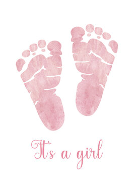 Watercolor hand drawn baby girl pink foot print isolated on white background. Its a girl illustration. Baby shower girl footprint