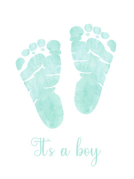 Watercolor hand drawn baby boy blue foot print isolated on white background. Its a boy illustration. Baby shower boy footprint