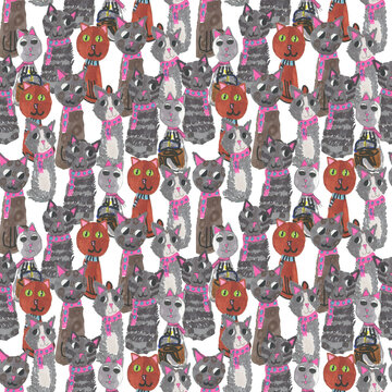 Hand drawn seamless pattern with cute funny cats painting witn markers