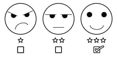 Emoji icon set of satisfaction level. Simple feedback in form of emotions in flat style. Customer feedback. Range to assess the emotions Excellent, good, normal, bad, awful symbols Vector illustration