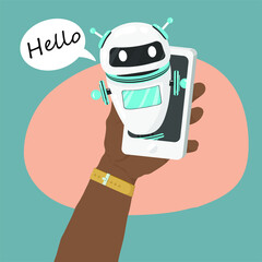 Chatbot banner concept, business banner template with illustration of man chatting with chat bot in smartphone. Vector cover header background template in flat style with place for text