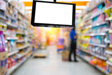 Blank Poster frame template in Supermarket blur People at cashier Advertising banner