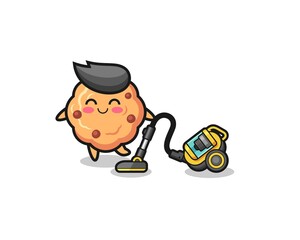 cute chocolate chip cookie holding vacuum cleaner illustration