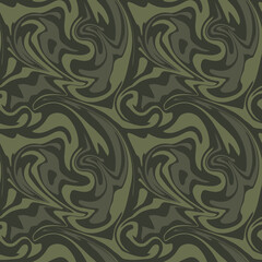 Camouflage seamless pattern with green ink marble swirls. Abstract military background. 