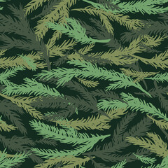 Seamless pattern of hand drawn spruce branches. Camouflage vector illustration. Christmas background.