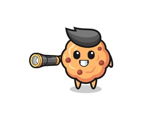chocolate chip cookie mascot holding flashlight