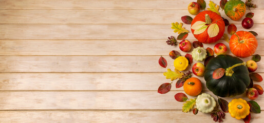 Fall background with pumpkin and oak  leaves for social media