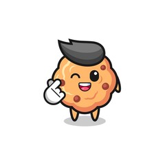 chocolate chip cookie character doing Korean finger heart