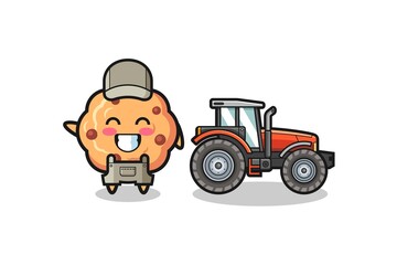 the chocolate chip cookie farmer mascot standing beside a tractor
