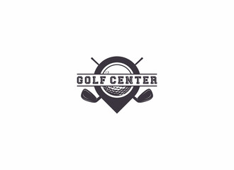 logo for a golf sports center with pins and golf balls marking the best places to play golf